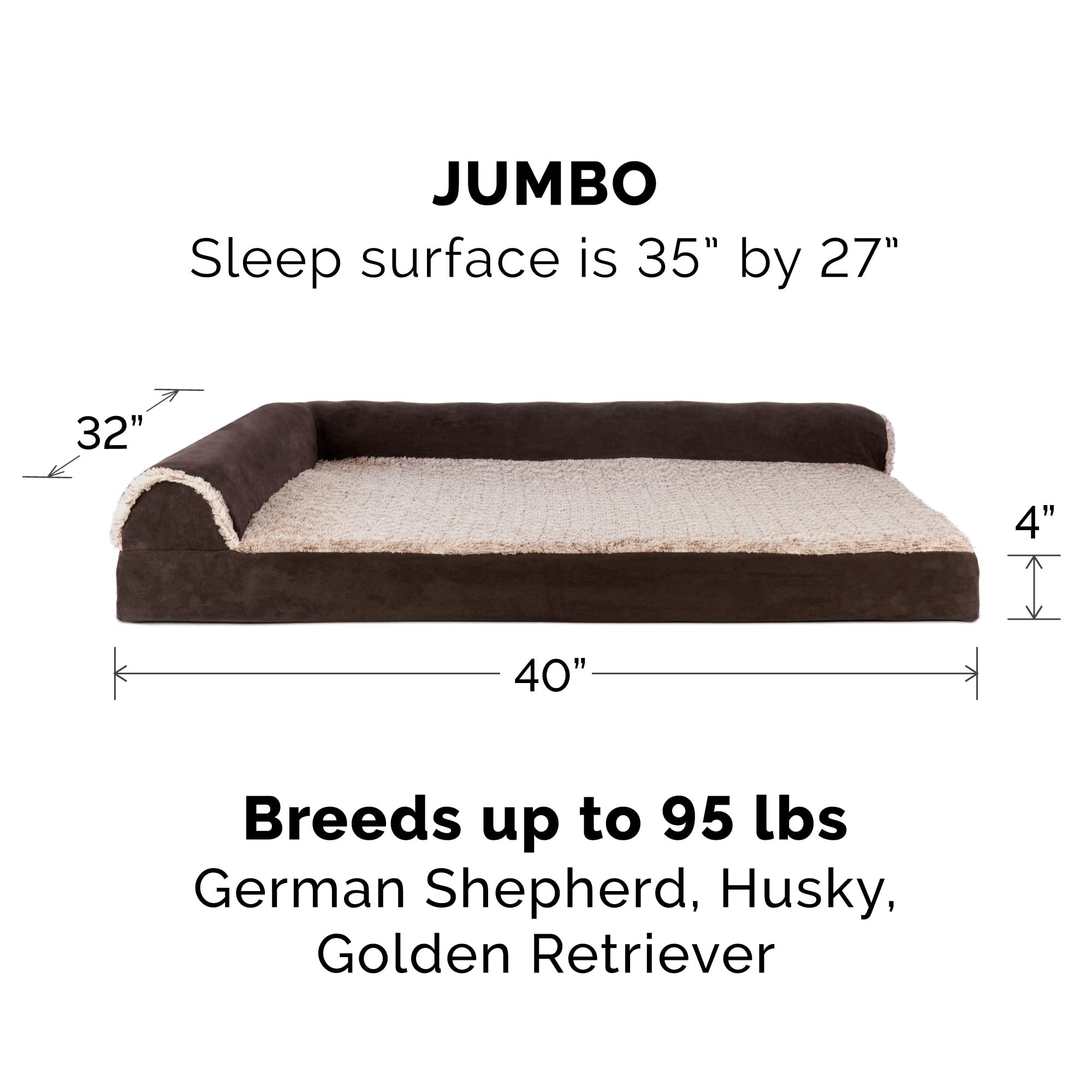 Furhaven Memory Foam Dog Bed For Large Dogs W/ Removable Bolsters & Washable Cover, For Dogs Up To 95 Lbs - Two-Tone Plush Faux